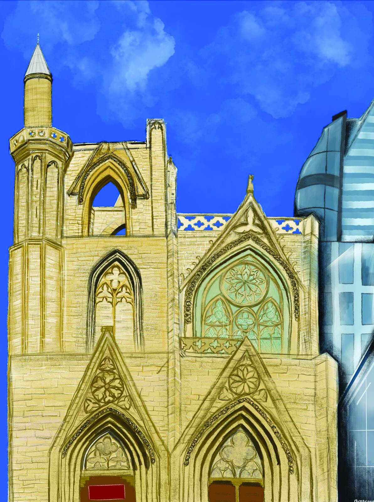 Lala Mustafa Pasha — digital painting of the Gothic mosque facade.