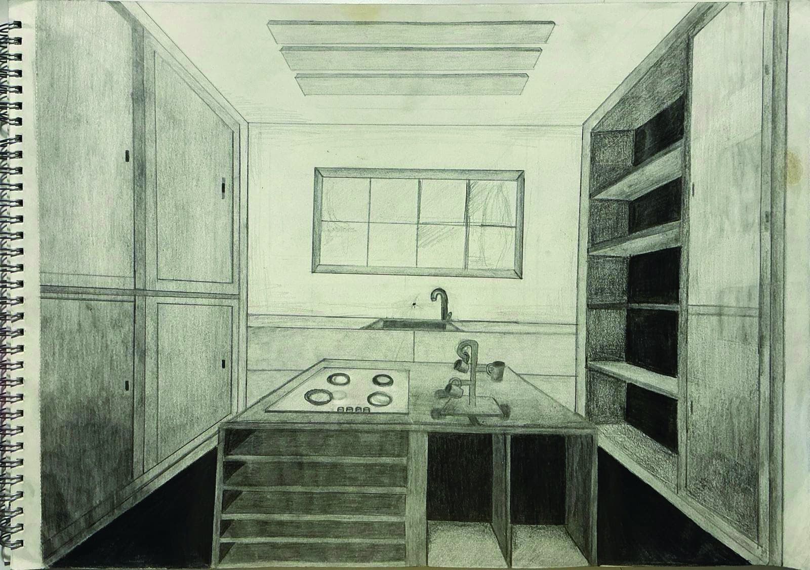 Pencil drawing of a kitchen interior in one-point perspective.