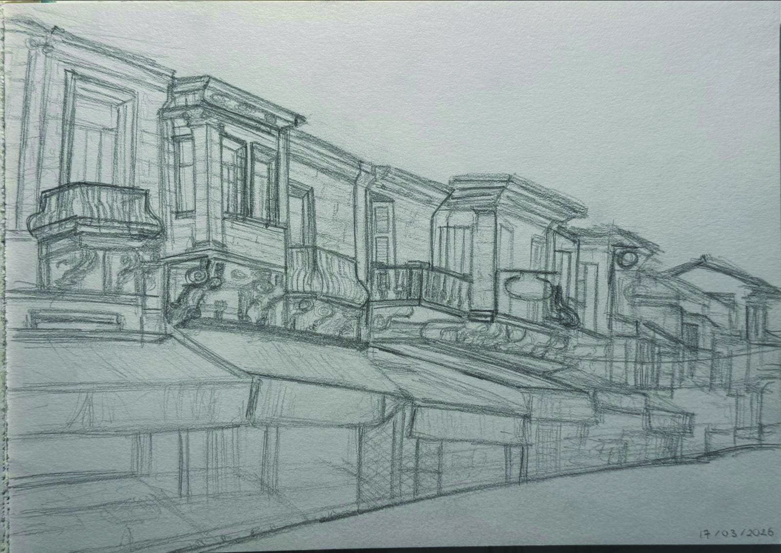 Zahra Street — gouache painting of a blue-shuttered Cypriot facade.